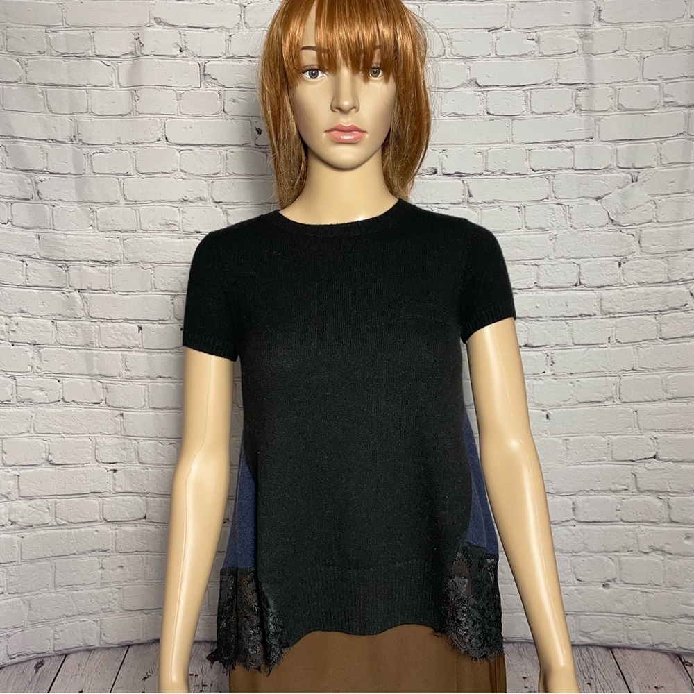 NWT New Aqua Cashmere Two Tone Tee Short Sleeve Black Navy Top Size XS